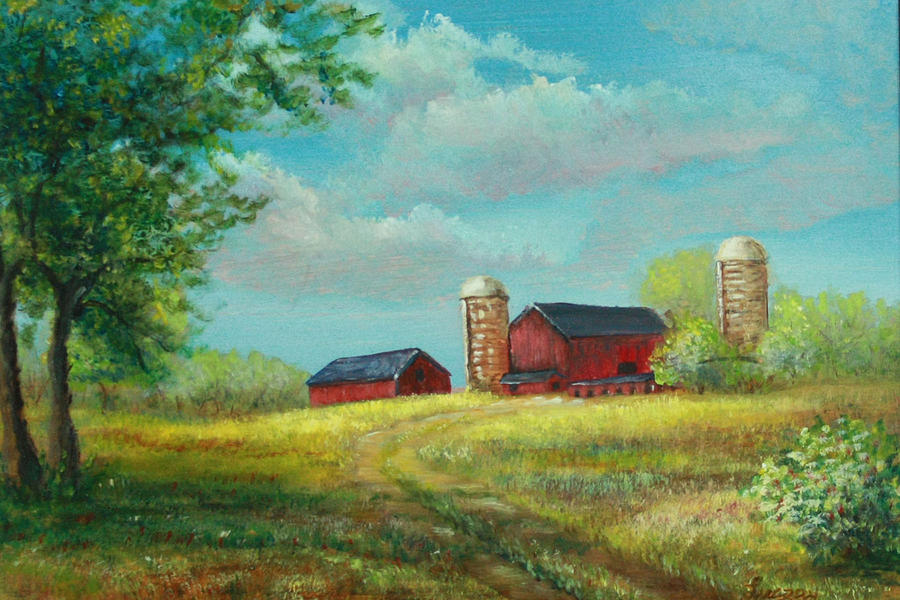 Red barns Painting by Katalin Luczay