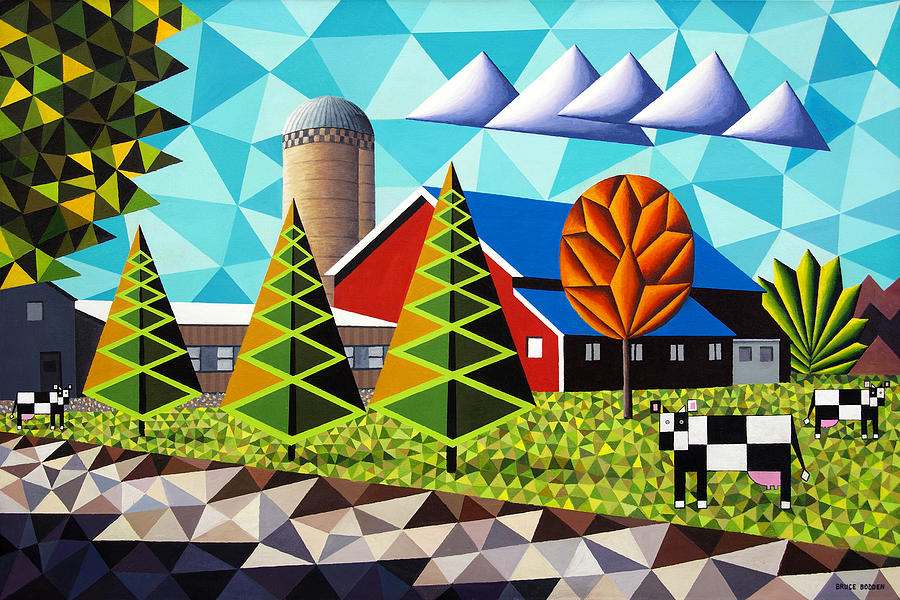 Farm With Three Pines And Cows Painting by Bruce Bodden