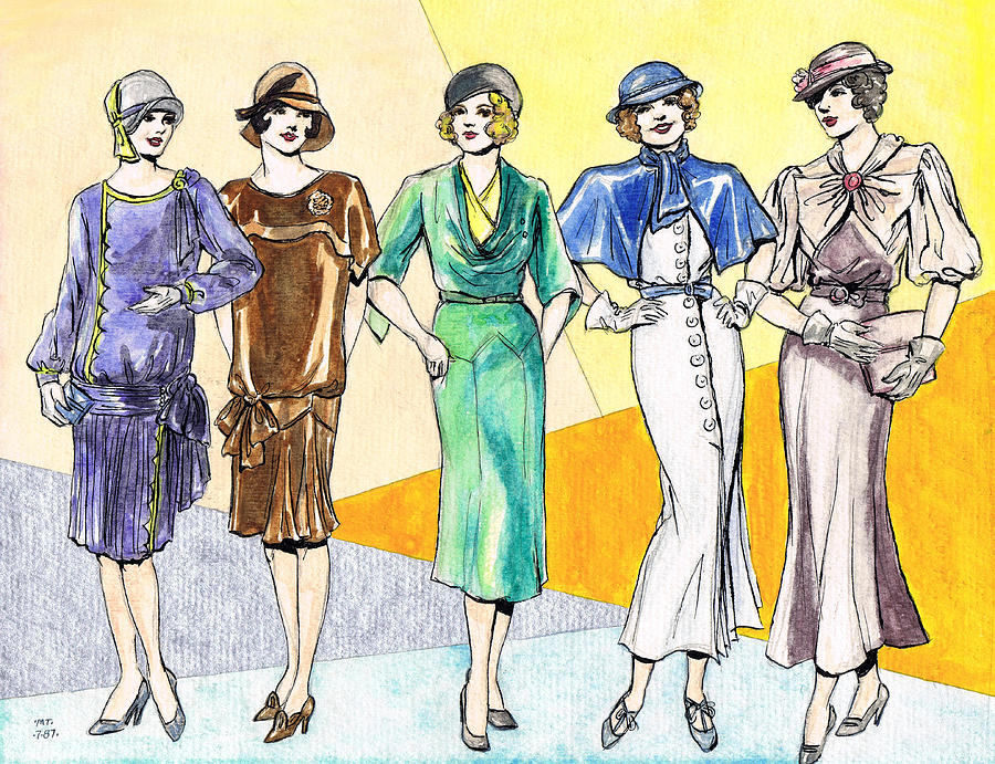Vintage Drawing - Fashions Ladies 1920s and 1930s by Mel Thompson