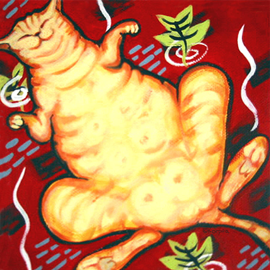 Fat Cat on a Cushion - Orange Cat Painting by Rebecca Korpita