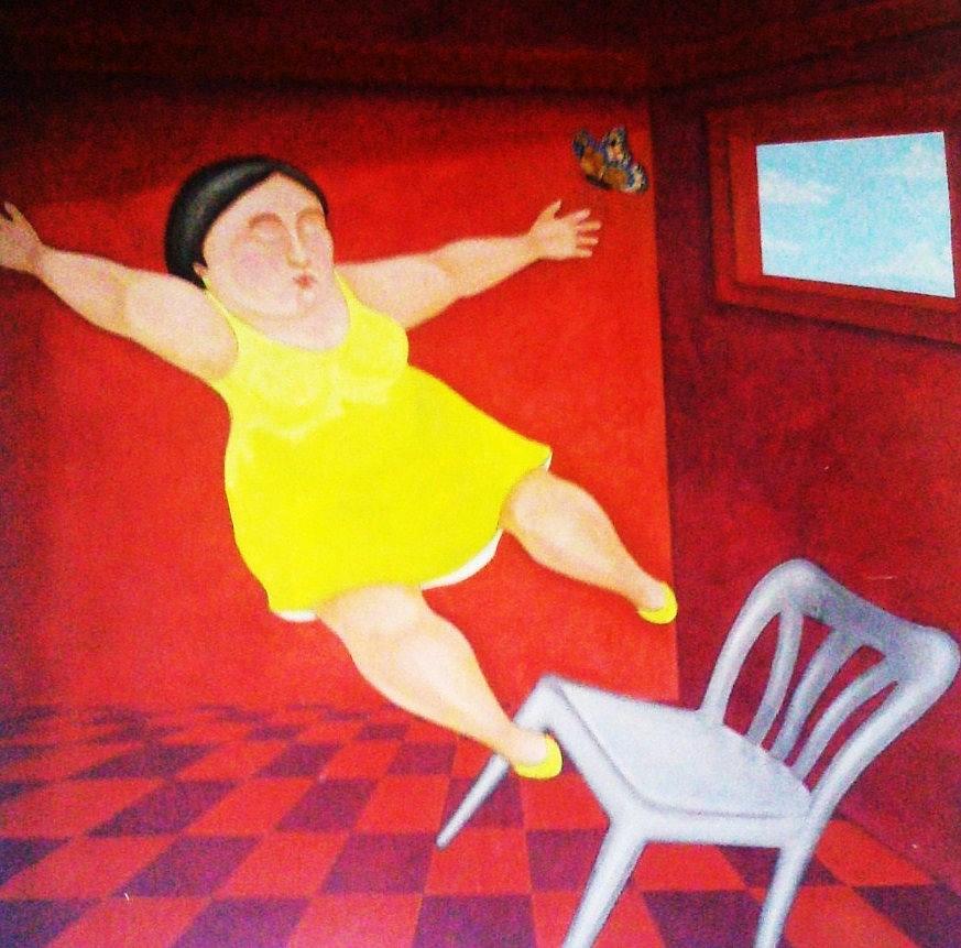 Fat Lady Falling off Chair Painting by Unique Consignment