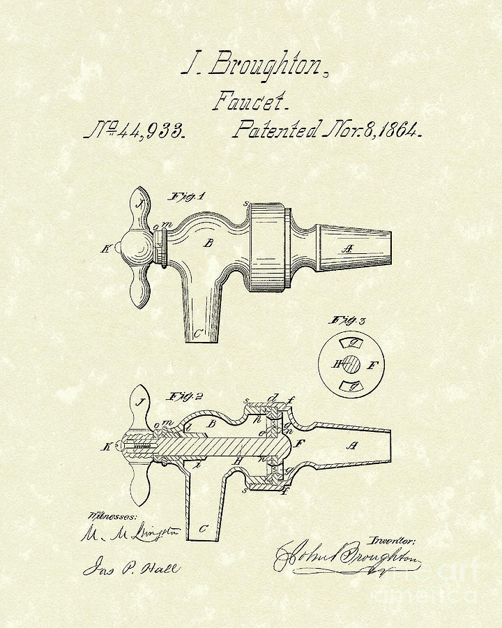 Broughton Drawing - Faucet 1864 Patent Art by Prior Art Design