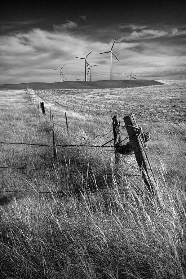 Nature Photograph - Fence Corner and Wind Turbines on a Farm in Alberta by Randall Nyhof
