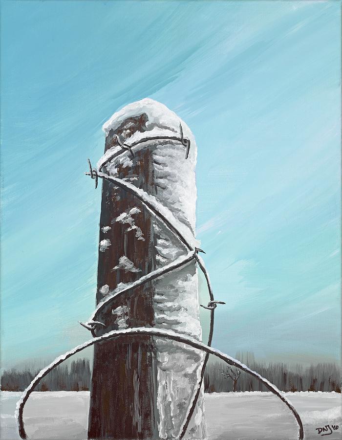Winter Painting - Fence Post in Winter Field by David Junod