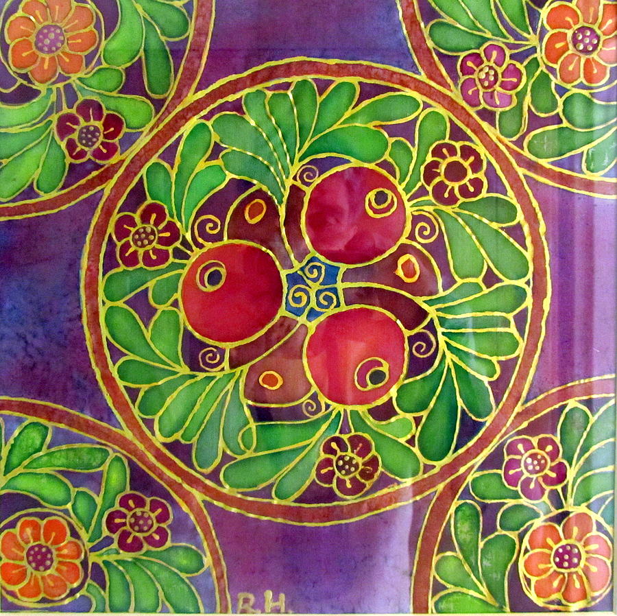 Festive Pomegranates in gold and vivid colors wall decor in red green purple branch leaves flowers Painting by Rachel Hershkovitz