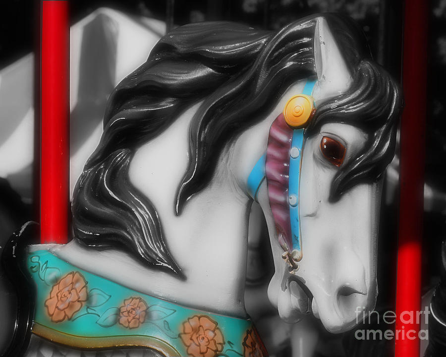 Fiery Steed Carousel Horse Partial Color Photograph by Smilin Eyes Treasures