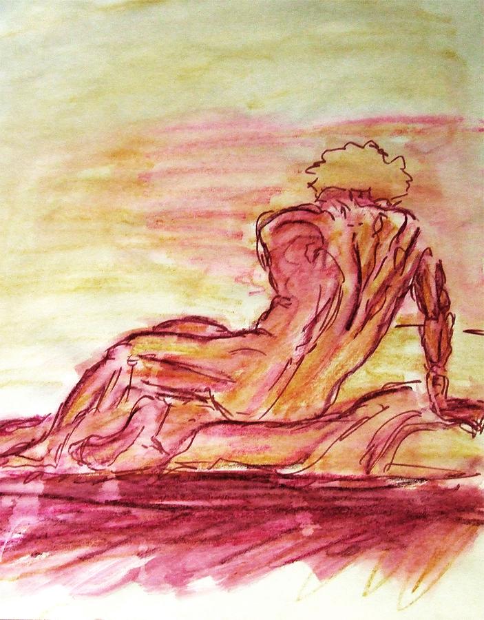 Figure Sketch in Purple and Yellow Arched and Curved Twisted Back Leaning on one Hand in Seated Pose Painting by M Zimmerman
