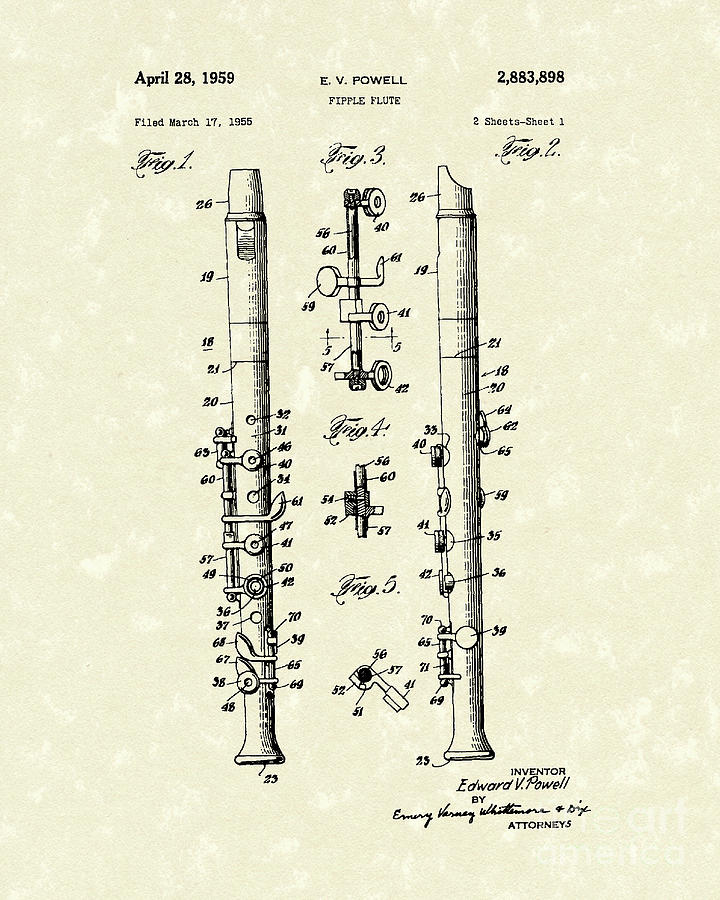 Fipple Flute 1959 Patent Art Drawing by Prior Art Design