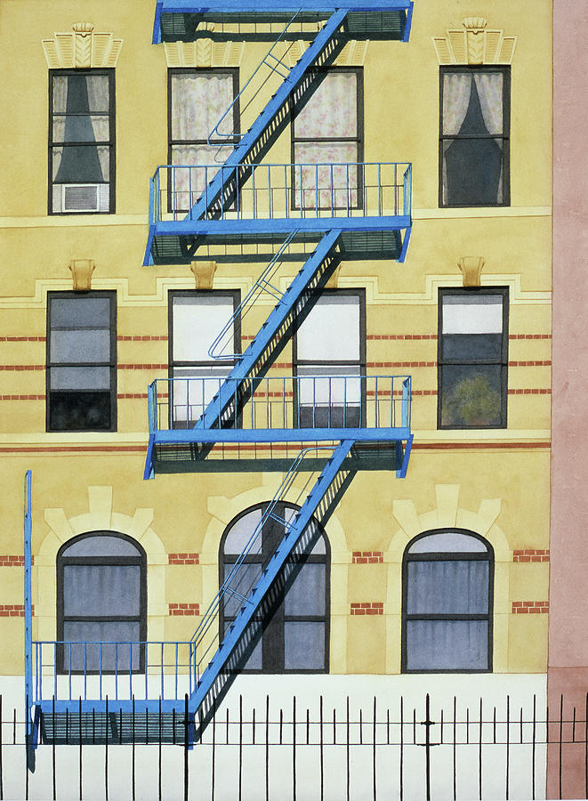 Architecture Painting - Fire Escape Blue Yellow by Michiyo Fukushima