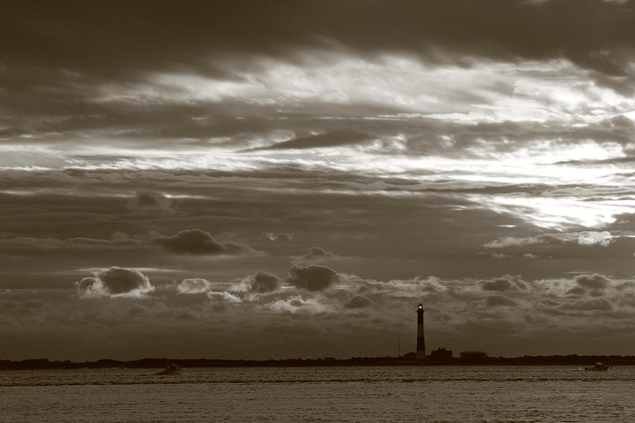 Fire Island Light and Clouds Black and White Photograph by Christopher J Kirby