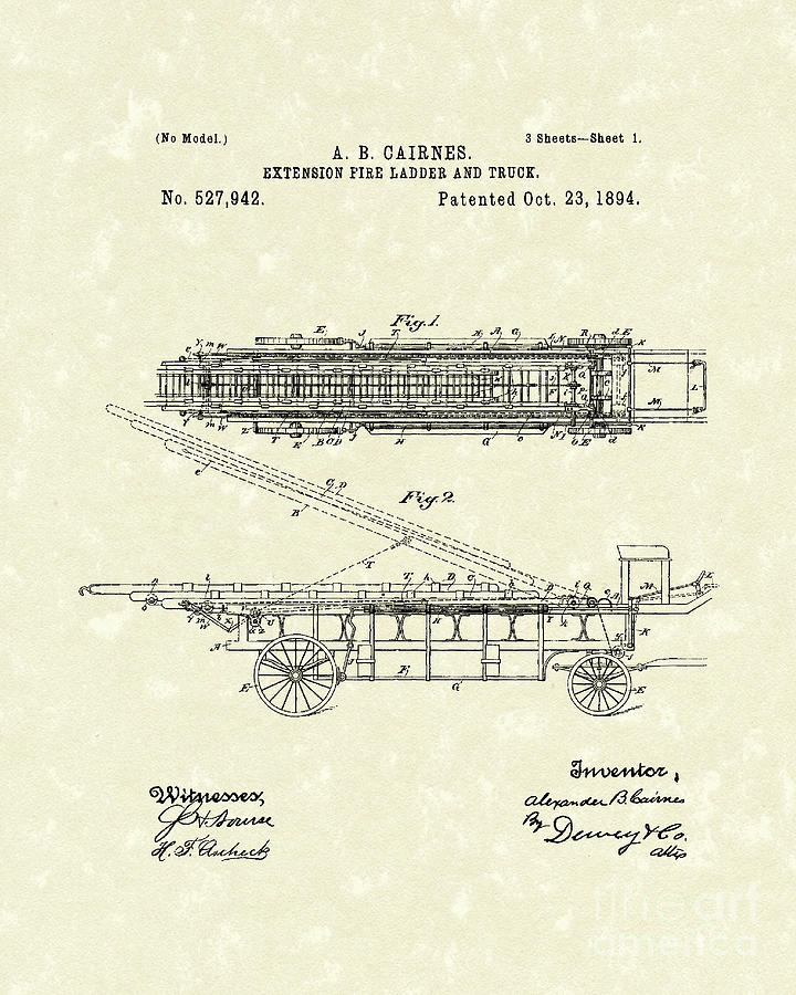 Fire Ladder Extension 1894 Patent Art Drawing by Prior Art Design