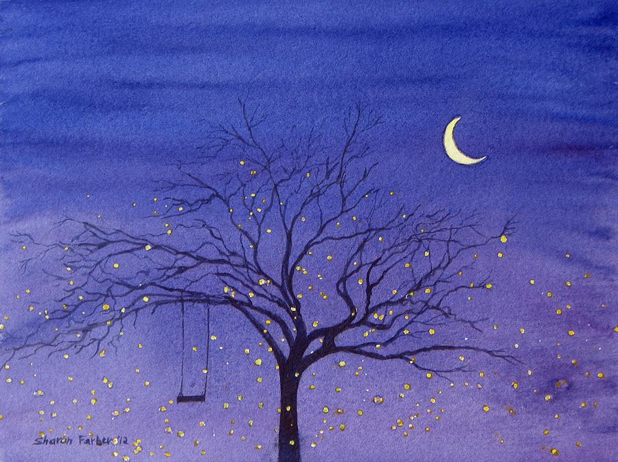 Summer Painting - Fireflies and Moon by Sharon Farber