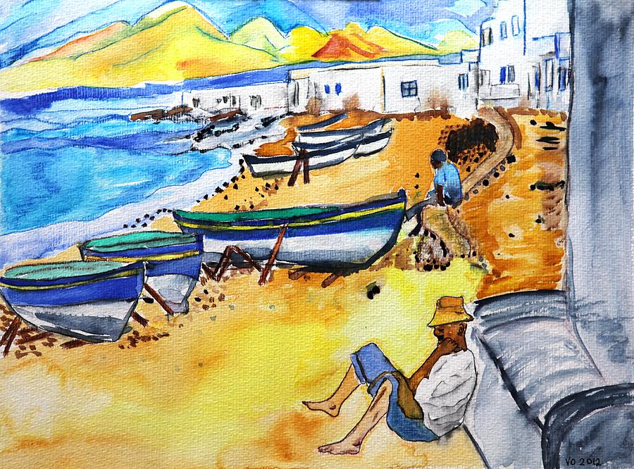 Boat Painting - Fisher Village by Valerie Ornstein