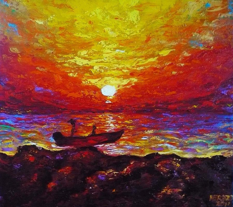 Fishermen with Sunset Painting by Ericka Herazo