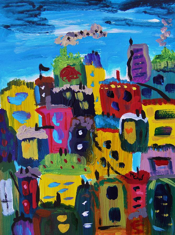 Five Bright Yellow Buildings Painting by Mary Carol Williams