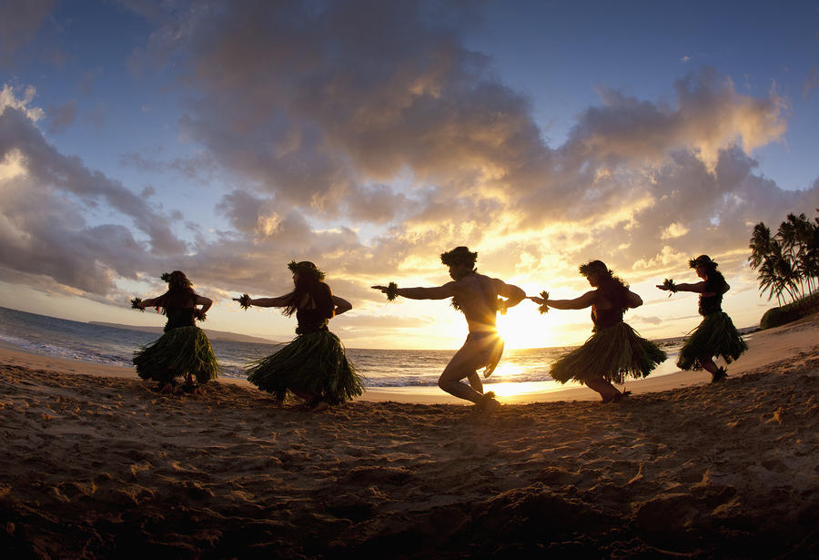 Sunset Photograph - Five Hula Dancers At The Beach At Palauea by David Olsen