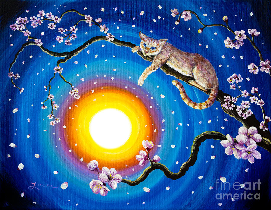Sunset Painting - Flame Point Siamese Cat in Cherry Blossoms by Laura Iverson