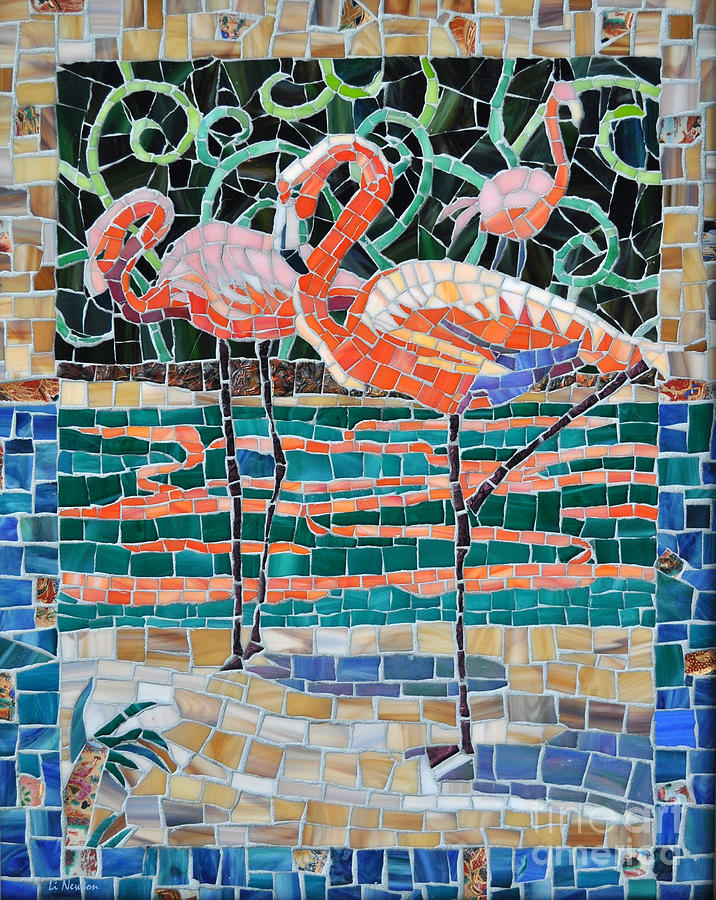 Flaming Flamingos Glass Art by Li Newton