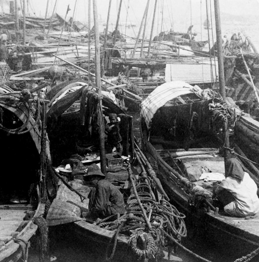 Floating House Boats in the Hong Kong Harbor - c 1900 Photograph by International  Images
