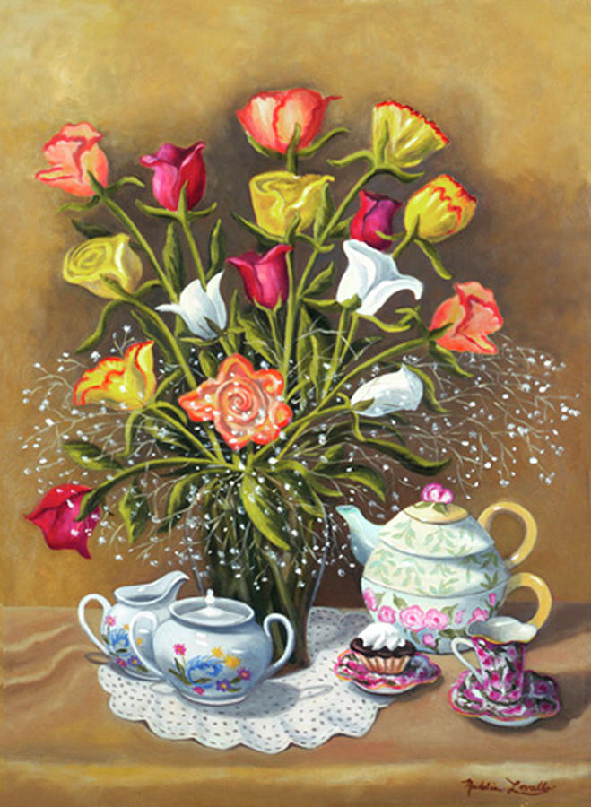 Floral Painting - Floral With China And Ceramics by Madeline  Lovallo