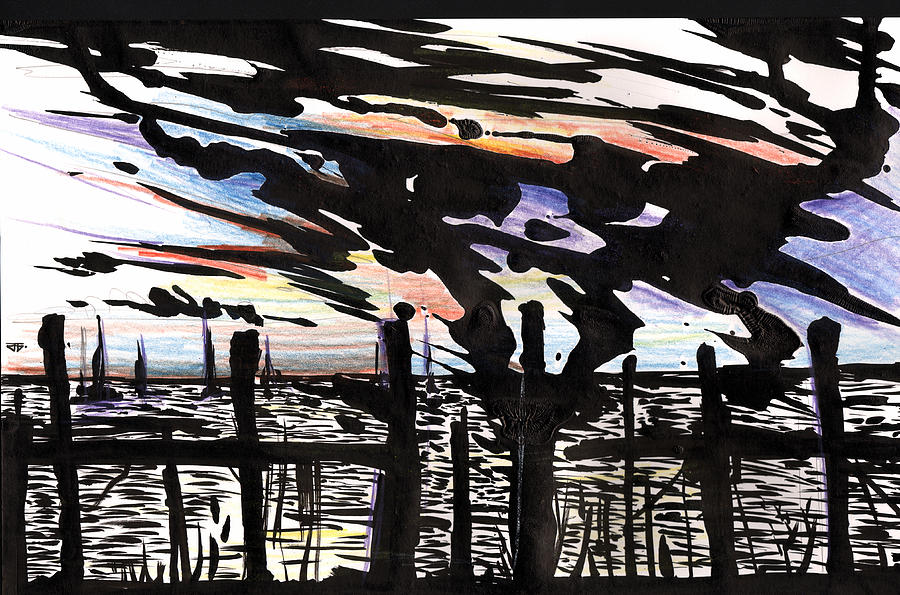 Florida Dock Sky Ink Painting by John Gholson