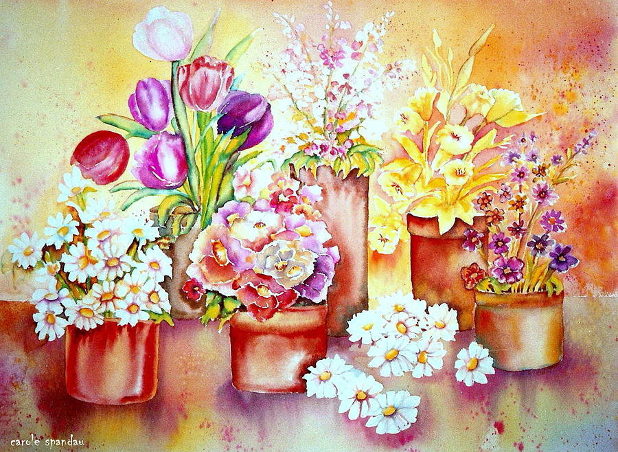 Flowering Patio Garden  In Clay Pots Montreal Back Yard Floral Watercolor  Painting by Carole Spandau
