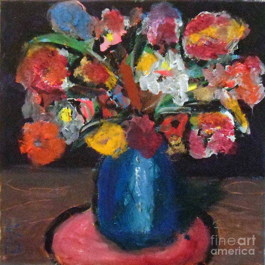 Still Life Painting - Flowers Blue vase Pink Mat by David Abse