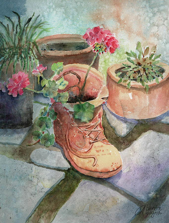 Flowers In A Work Boot Planter Painting by Arline Wagner