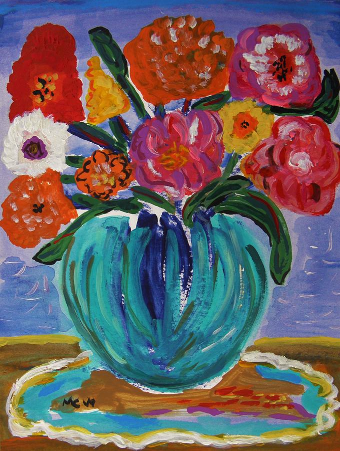 Flowers in Aqua Blue Painting by Mary Carol Williams
