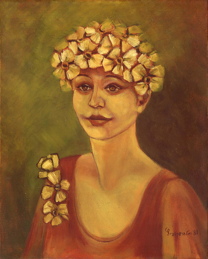 Flowers in her hair woman with white yellow flowers on her head and red dress  Painting by Rachel Hershkovitz