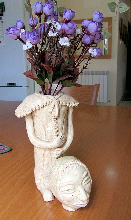Flowers in my head  ceramic vase sculpture of a lady with a removable head shoulder pads hands face Painting by Rachel Hershkovitz