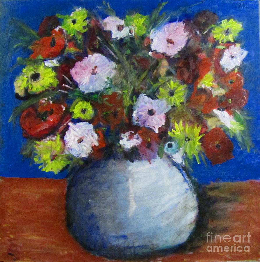 Flower Painting - Flowers in round blue vase by David Abse