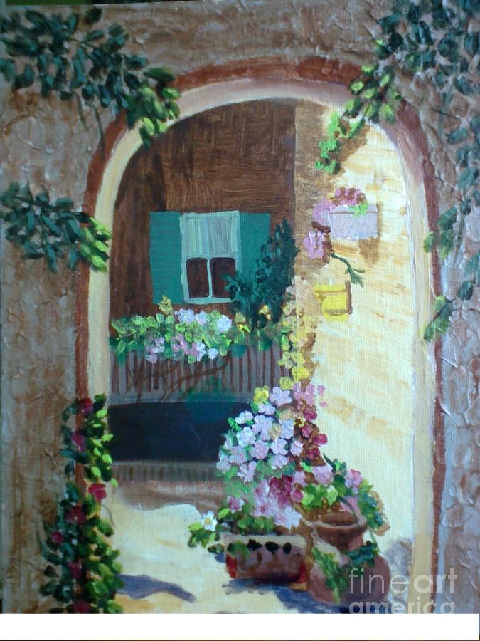 Flower Painting - Flowers in Stone Doorway by Jeanene Miller