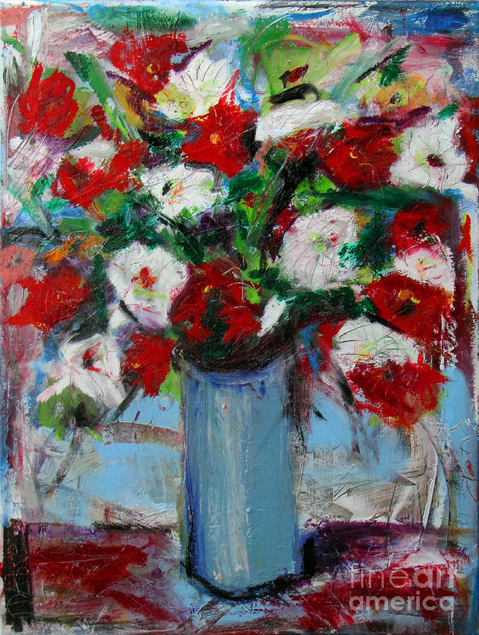 Still Life Painting - Flowers in tall blue vase by David Abse
