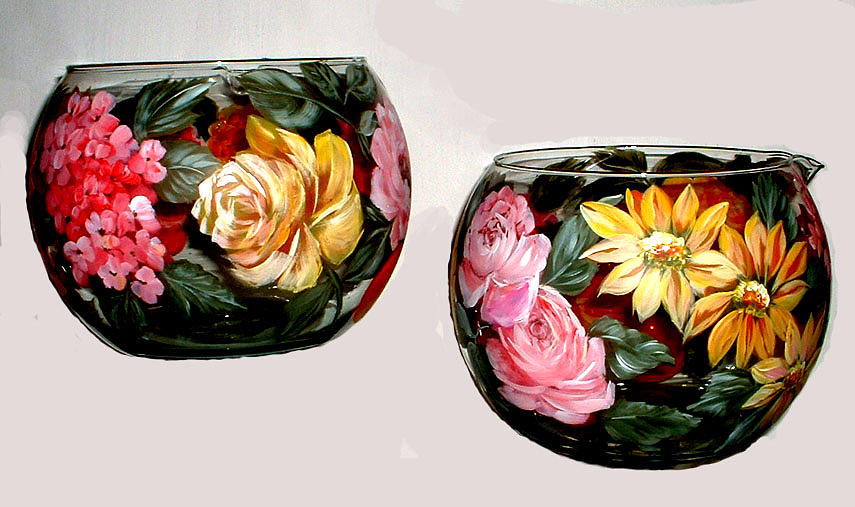 Flowers on glass bowls Painting by Patricia Rachidi