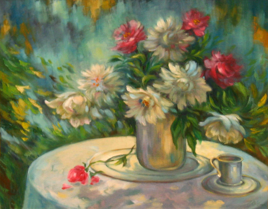Flower Painting - Flowers on the round table by Ema Radovanovic