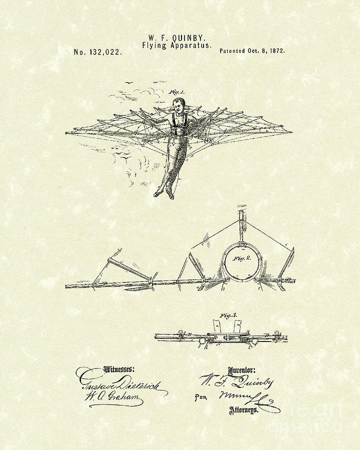 Flying Apparatus 1872 Patent Art Drawing by Prior Art Design