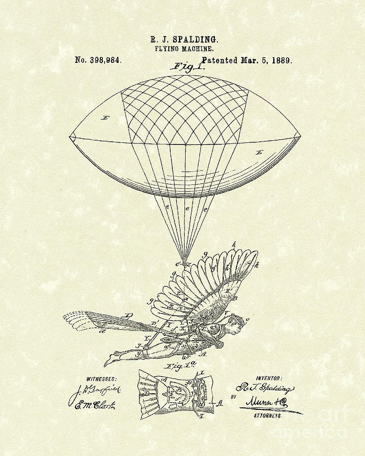 Flying Machine Spalding 1889 Patent Art Drawing by Prior Art Design