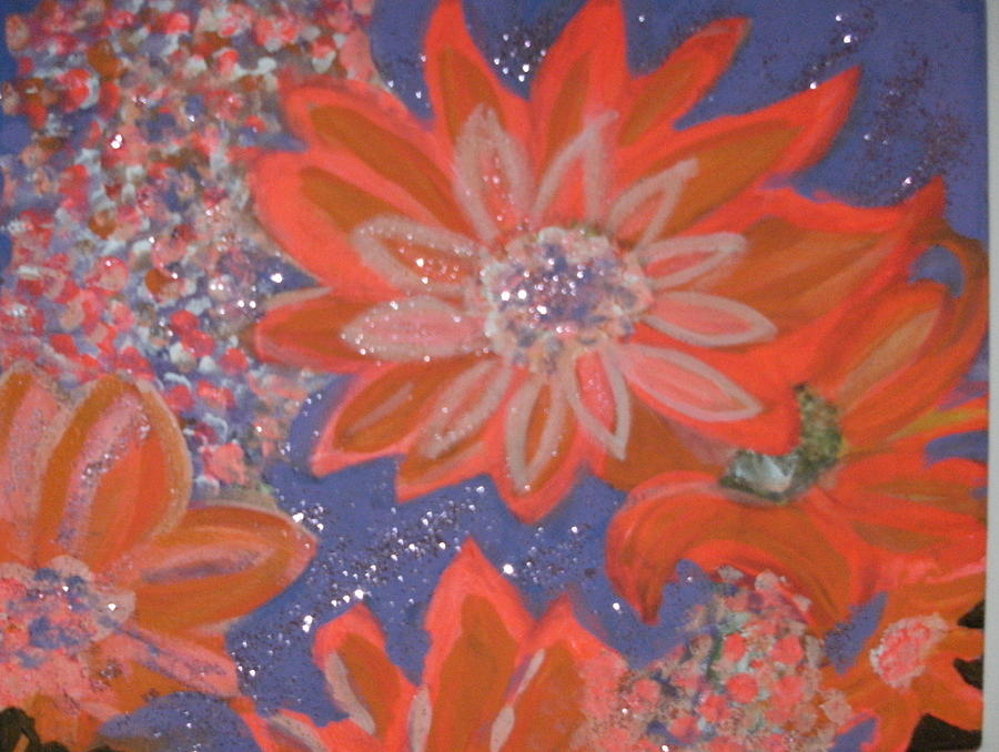 Flower Painting - Flying Orange Flowers on Blue by Anne-Elizabeth Whiteway