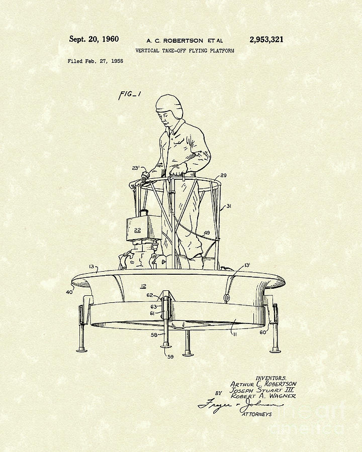 Robertson Drawing - Flying Platform 1960 Patent Art by Prior Art Design