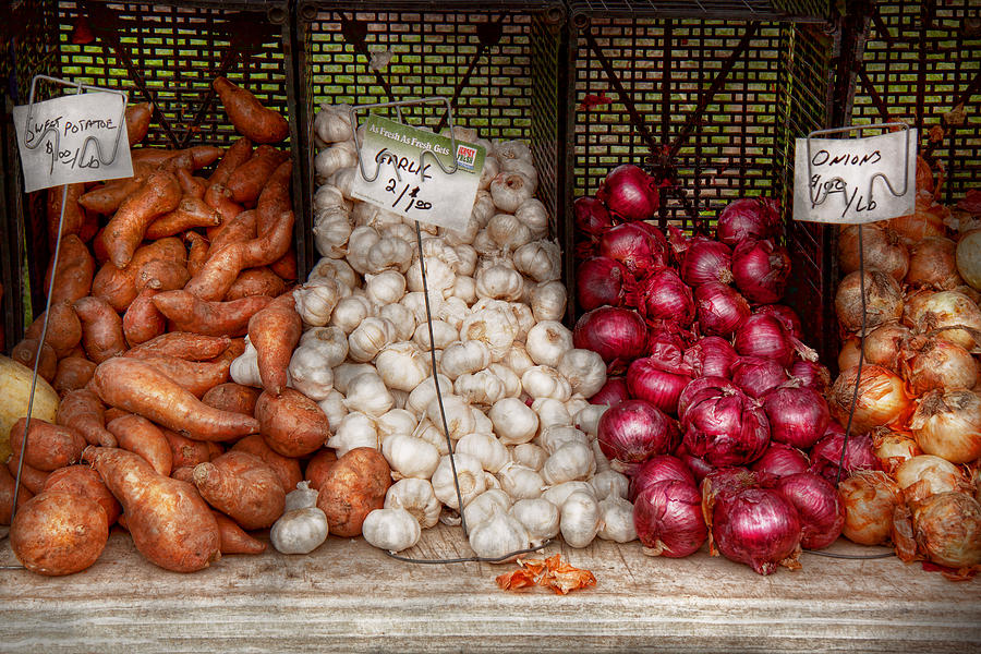 Potato Photograph - Food - Vegetable - Sweet potatoes-Garlic- and Onions - Yum  by Mike Savad