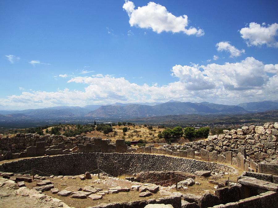 Forever View from the Ancient Hilltop Mountain Range and Archeological Structures in Mycenae Greece Photograph by John Shiron