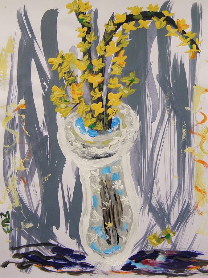 Forsythia in Old Clear Vase Mary Carol Painting by Mary Carol Williams
