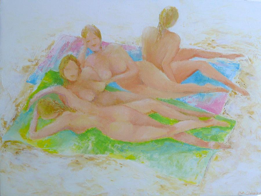 Four Girls On Beach Towels Painting by Barbara Anna Cichocka