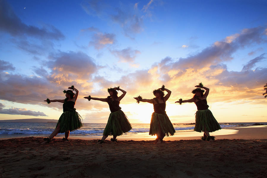 Four Hula Dancers At Sunset At Palauea Photograph by David Olsen