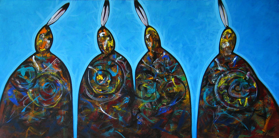 Four With A Feather Blue Painting by Lance Headlee