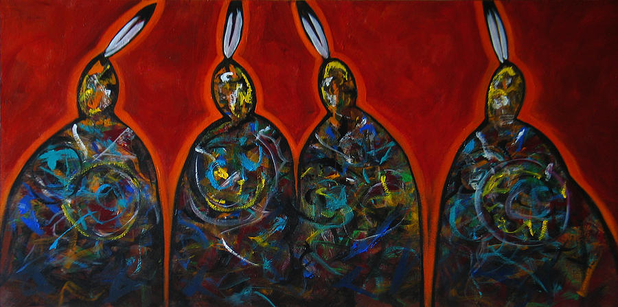 Four With A Feather Red Painting by Lance Headlee