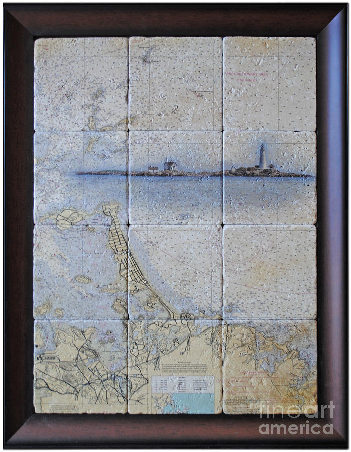Framed Nautical Chart of Hingham and Hull with Boston Light  Digital Art by Creative Images on Tile
