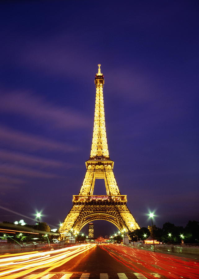 France Paris Eiffel Tower Illuminated Dusk Long Exposure