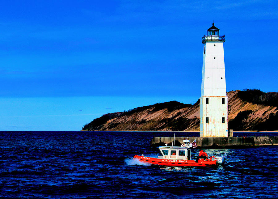 Lake Michigan Photograph - Frankfort Lighthouse with Coast Guard by Matthew Winn